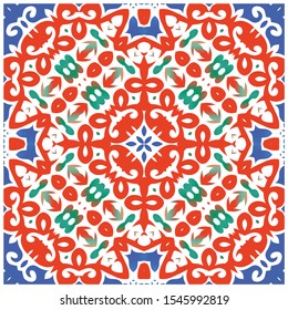 Ornamental talavera mexico tiles decor. Vector seamless pattern template. Geometric design. Red gorgeous flower folk print for linens, smartphone cases, scrapbooking, bags or T-shirts.