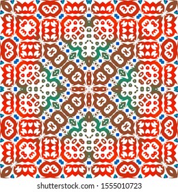 Ornamental talavera mexico tiles decor. Kit of vector seamless patterns. Universal design. Red gorgeous flower folk prints for linens, smartphone cases, scrapbooking, bags or T-shirts.