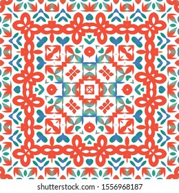 Ornamental talavera mexico tiles decor. Graphic design. Vector seamless pattern flyer. Red gorgeous flower folk print for linens, smartphone cases, scrapbooking, bags or T-shirts.