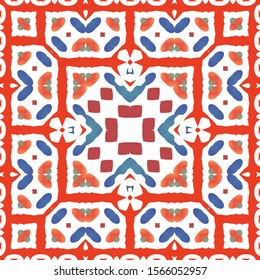 Ornamental talavera mexico tiles decor. Minimal design. Vector seamless pattern poster. Red gorgeous flower folk print for linens, smartphone cases, scrapbooking, bags or T-shirts.