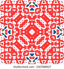Ornamental talavera mexico tiles decor. Creative design. Vector seamless pattern elements. Red gorgeous flower folk print for linens, smartphone cases, scrapbooking, bags or T-shirts.