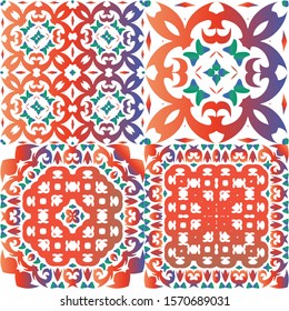 Ornamental talavera mexico tiles decor. Graphic design. Kit of vector seamless patterns. Red gorgeous flower folk prints for linens, smartphone cases, scrapbooking, bags or T-shirts.