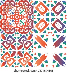 Ornamental talavera mexico tiles decor. Kit of vector seamless patterns. Creative design. Red gorgeous flower folk prints for linens, smartphone cases, scrapbooking, bags or T-shirts.