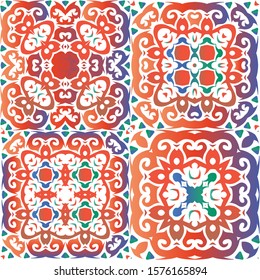 Ornamental talavera mexico tiles decor. Stylish design. Collection of vector seamless patterns. Red gorgeous flower folk prints for linens, smartphone cases, scrapbooking, bags or T-shirts.