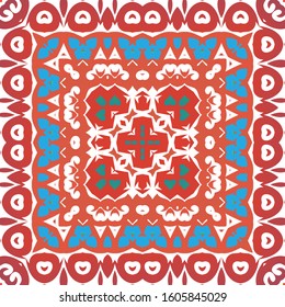 Ornamental talavera mexico tiles decor. Kitchen design. Vector seamless pattern poster. Red gorgeous flower folk print for linens, smartphone cases, scrapbooking, bags or T-shirts.