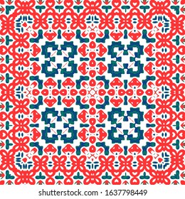 Ornamental talavera mexico tiles decor. Graphic design. Vector seamless pattern flyer. Red gorgeous flower folk print for linens, smartphone cases, scrapbooking, bags or T-shirts.