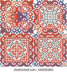 Ornamental talavera mexico tiles decor. Minimal design. Collection of vector seamless patterns. Red gorgeous flower folk prints for linens, smartphone cases, scrapbooking, bags or T-shirts.
