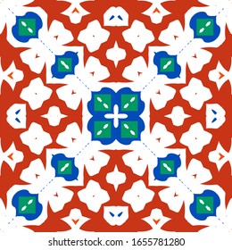 Ornamental talavera mexico tiles decor. Modern design. Vector seamless pattern template. Red gorgeous flower folk print for linens, smartphone cases, scrapbooking, bags or T-shirts.