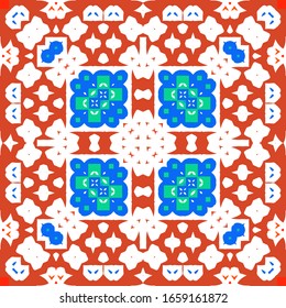 Ornamental talavera mexico tiles decor. Modern design. Vector seamless pattern template. Red gorgeous flower folk print for linens, smartphone cases, scrapbooking, bags or T-shirts.