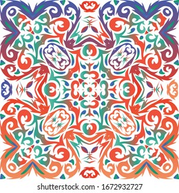 Ornamental talavera mexico tiles decor. Vector seamless pattern illustration. Stylish design. Red gorgeous flower folk print for linens, smartphone cases, scrapbooking, bags or T-shirts.