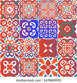 Ornamental talavera mexico tiles decor. Collection of vector seamless patterns. Modern design. Red gorgeous flower folk prints for linens, smartphone cases, scrapbooking, bags or T-shirts.