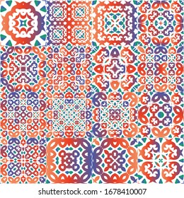 Ornamental talavera mexico tiles decor. Collection of vector seamless patterns. Modern design. Red gorgeous flower folk prints for linens, smartphone cases, scrapbooking, bags or T-shirts.
