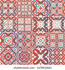 Ornamental talavera mexico tiles decor. Collection of vector seamless patterns. Modern design. Red gorgeous flower folk prints for linens, smartphone cases, scrapbooking, bags or T-shirts.