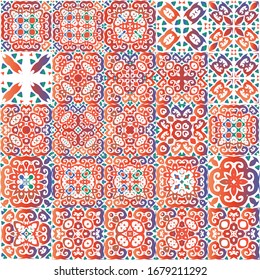 Ornamental talavera mexico tiles decor. Set of vector seamless patterns. Stylish design. Red gorgeous flower folk prints for linens, smartphone cases, scrapbooking, bags or T-shirts.