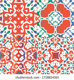Ornamental talavera mexico tiles decor. Modern design. Kit of vector seamless patterns. Red gorgeous flower folk prints for linens, smartphone cases, scrapbooking, bags or T-shirts.