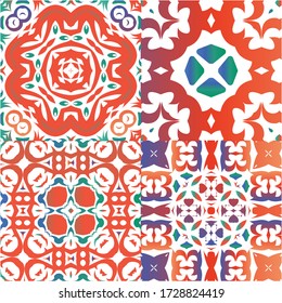 Ornamental talavera mexico tiles decor. Kitchen design. Collection of vector seamless patterns. Red gorgeous flower folk prints for linens, smartphone cases, scrapbooking, bags or T-shirts.