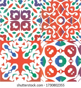 Ornamental talavera mexico tiles decor. Universal design. Collection of vector seamless patterns. Red gorgeous flower folk prints for linens, smartphone cases, scrapbooking, bags or T-shirts.