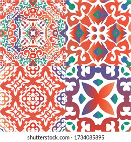 Ornamental talavera mexico tiles decor. Universal design. Kit of vector seamless patterns. Red gorgeous flower folk prints for linens, smartphone cases, scrapbooking, bags or T-shirts.