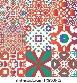 Ornamental talavera mexico tiles decor. Original design. Set of vector seamless patterns. Red gorgeous flower folk prints for linens, smartphone cases, scrapbooking, bags or T-shirts.