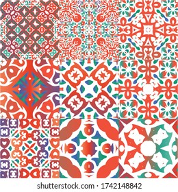 Ornamental talavera mexico tiles decor. Kitchen design. Kit of vector seamless patterns. Red gorgeous flower folk prints for linens, smartphone cases, scrapbooking, bags or T-shirts.