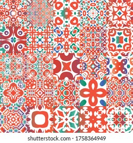 Ornamental talavera mexico tiles decor. Geometric design. Set of vector seamless patterns. Red gorgeous flower folk prints for linens, smartphone cases, scrapbooking, bags or T-shirts.