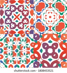 Ornamental talavera mexico tiles decor. Kit of vector seamless patterns. Bathroom design. Red gorgeous flower folk prints for linens, smartphone cases, scrapbooking, bags or T-shirts.
