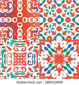 Ornamental talavera mexico tiles decor. Stylish design. Collection of vector seamless patterns. Red gorgeous flower folk prints for linens, smartphone cases, scrapbooking, bags or T-shirts.