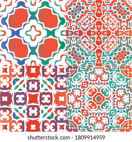 Ornamental talavera mexico tiles decor. Stylish design. Kit of vector seamless patterns. Red gorgeous flower folk prints for linens, smartphone cases, scrapbooking, bags or T-shirts.