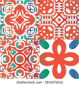 Ornamental talavera mexico tiles decor. Set of vector seamless patterns. Stylish design. Red gorgeous flower folk prints for linens, smartphone cases, scrapbooking, bags or T-shirts.