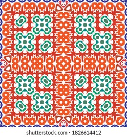 Ornamental talavera mexico tiles decor. Modern design. Vector seamless pattern template. Red gorgeous flower folk print for linens, smartphone cases, scrapbooking, bags or T-shirts.