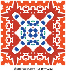 Ornamental talavera mexico tiles decor. Modern design. Vector seamless pattern template. Red gorgeous flower folk print for linens, smartphone cases, scrapbooking, bags or T-shirts.