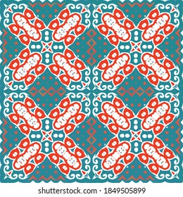 Ornamental talavera mexico tiles decor. Vector seamless pattern collage. Kitchen design. Red gorgeous flower folk print for linens, smartphone cases, scrapbooking, bags or T-shirts.