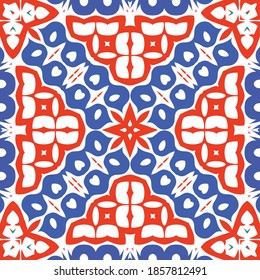 Ornamental talavera mexico tiles decor. Kitchen design. Vector seamless pattern poster. Red gorgeous flower folk print for linens, smartphone cases, scrapbooking, bags or T-shirts.