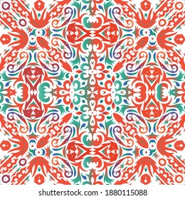 Ornamental talavera mexico tiles decor. Vector seamless pattern arabesque. Original design. Red gorgeous flower folk print for linens, smartphone cases, scrapbooking, bags or T-shirts.