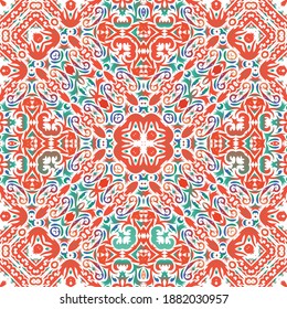 Ornamental talavera mexico tiles decor. Vector seamless pattern arabesque. Original design. Red gorgeous flower folk print for linens, smartphone cases, scrapbooking, bags or T-shirts.