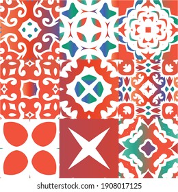 Ornamental talavera mexico tiles decor. Set of vector seamless patterns. Kitchen design. Red gorgeous flower folk prints for linens, smartphone cases, scrapbooking, bags or T-shirts.