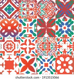 Ornamental talavera mexico tiles decor. Collection of vector seamless patterns. Creative design. Red gorgeous flower folk prints for linens, smartphone cases, scrapbooking, bags or T-shirts.