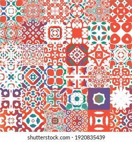 Ornamental talavera mexico tiles decor. Fashionable design. Set of vector seamless patterns. Red gorgeous flower folk prints for linens, smartphone cases, scrapbooking, bags or T-shirts.