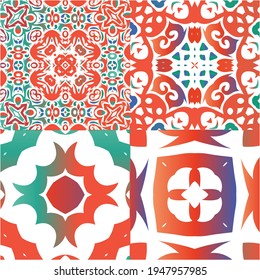 Ornamental talavera mexico tiles decor. Kitchen design. Collection of vector seamless patterns. Red gorgeous flower folk prints for linens, smartphone cases, scrapbooking, bags or T-shirts.