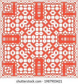 Ornamental talavera mexico tiles decor. Vector seamless pattern frame. Geometric design. Red gorgeous flower folk print for linens, smartphone cases, scrapbooking, bags or T-shirts.