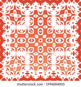 Ornamental talavera mexico tiles decor. Hand drawn design. Vector seamless pattern frame. Red gorgeous flower folk print for linens, smartphone cases, scrapbooking, bags or T-shirts.
