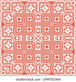 Ornamental talavera mexico tiles decor. Vector seamless pattern frame. Geometric design. Red gorgeous flower folk print for linens, smartphone cases, scrapbooking, bags or T-shirts.