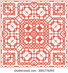 Ornamental talavera mexico tiles decor. Vector seamless pattern frame. Geometric design. Red gorgeous flower folk print for linens, smartphone cases, scrapbooking, bags or T-shirts.