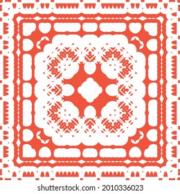 Ornamental talavera mexico tiles decor. Vector seamless pattern frame. Geometric design. Red gorgeous flower folk print for linens, smartphone cases, scrapbooking, bags or T-shirts.