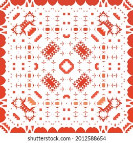 Ornamental talavera mexico tiles decor. Hand drawn design. Vector seamless pattern frame. Red gorgeous flower folk print for linens, smartphone cases, scrapbooking, bags or T-shirts.