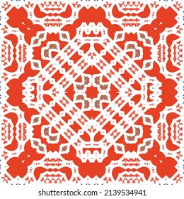 Ornamental talavera mexico tiles decor. Graphic design. Vector seamless pattern illustration. Red gorgeous flower folk print for linens, smartphone cases, scrapbooking, bags or T-shirts.