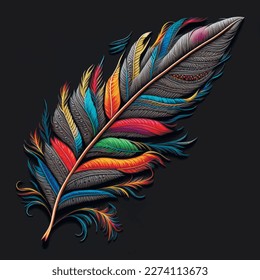 Ornamental tapestry colorful feather. Embroidery style textured bright feather. Tribal ethnic style beautiful modern decorative design. Ornate surface texture. Black background. Vector illustration.