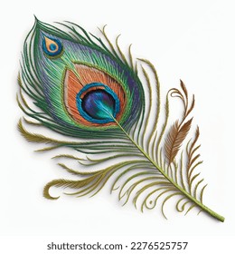 Pluma de pavo real colorida con tapiz ornamental. Estilo bordado textura de plumas brillantes. Decorativo y bonito diseño. Textura de costura de superficie ordenada. Fondo blanco. Ilustración vectorial.