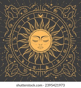 Ornamental tarot style frame with magic sun, zodiac signs and esoteric patterns, mystic frame, vector