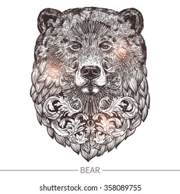 Ornamental Tattoo Bear Head. Highly Detailed Abstract Hand Drawn Style